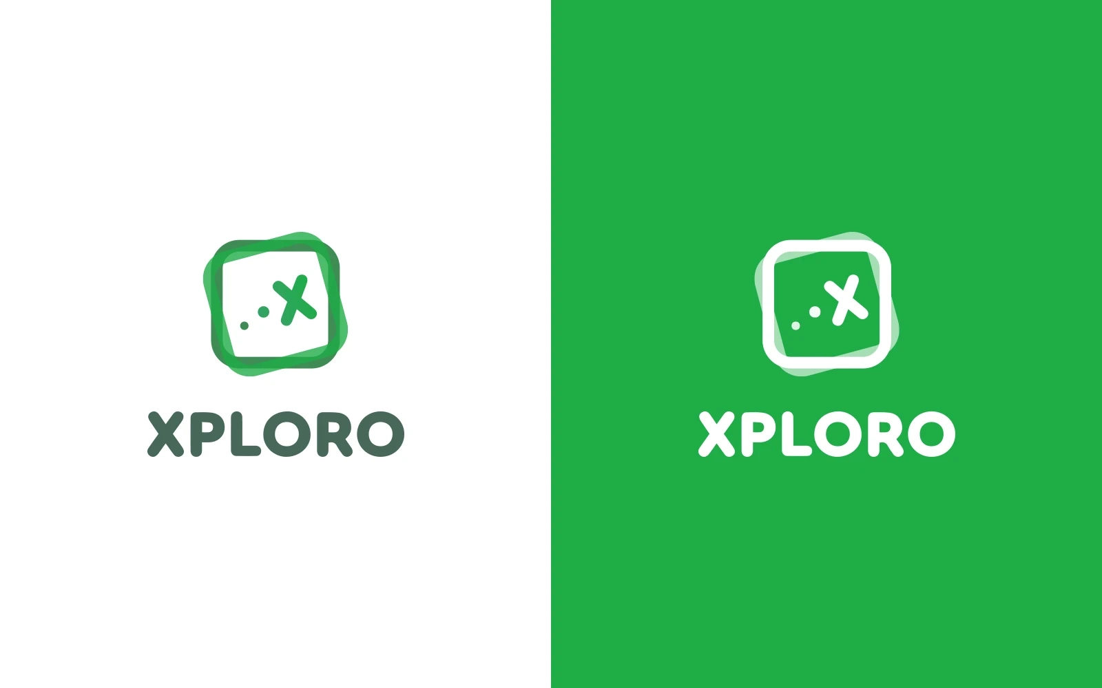 The Xploro logo split into two versions, one with the logo in green on a white background, the other is white on a green background