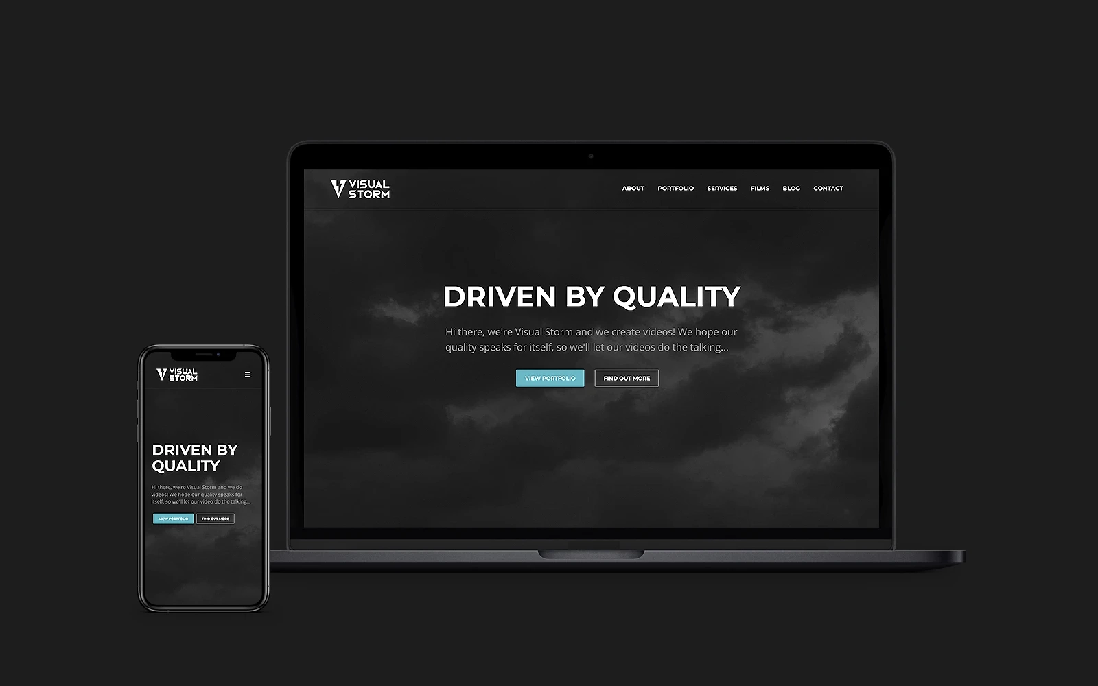 The landing page of the Visual Storm website displayed on both mobile and laptop featuring dark clouds with white text saying ‘Driven by Quality’
