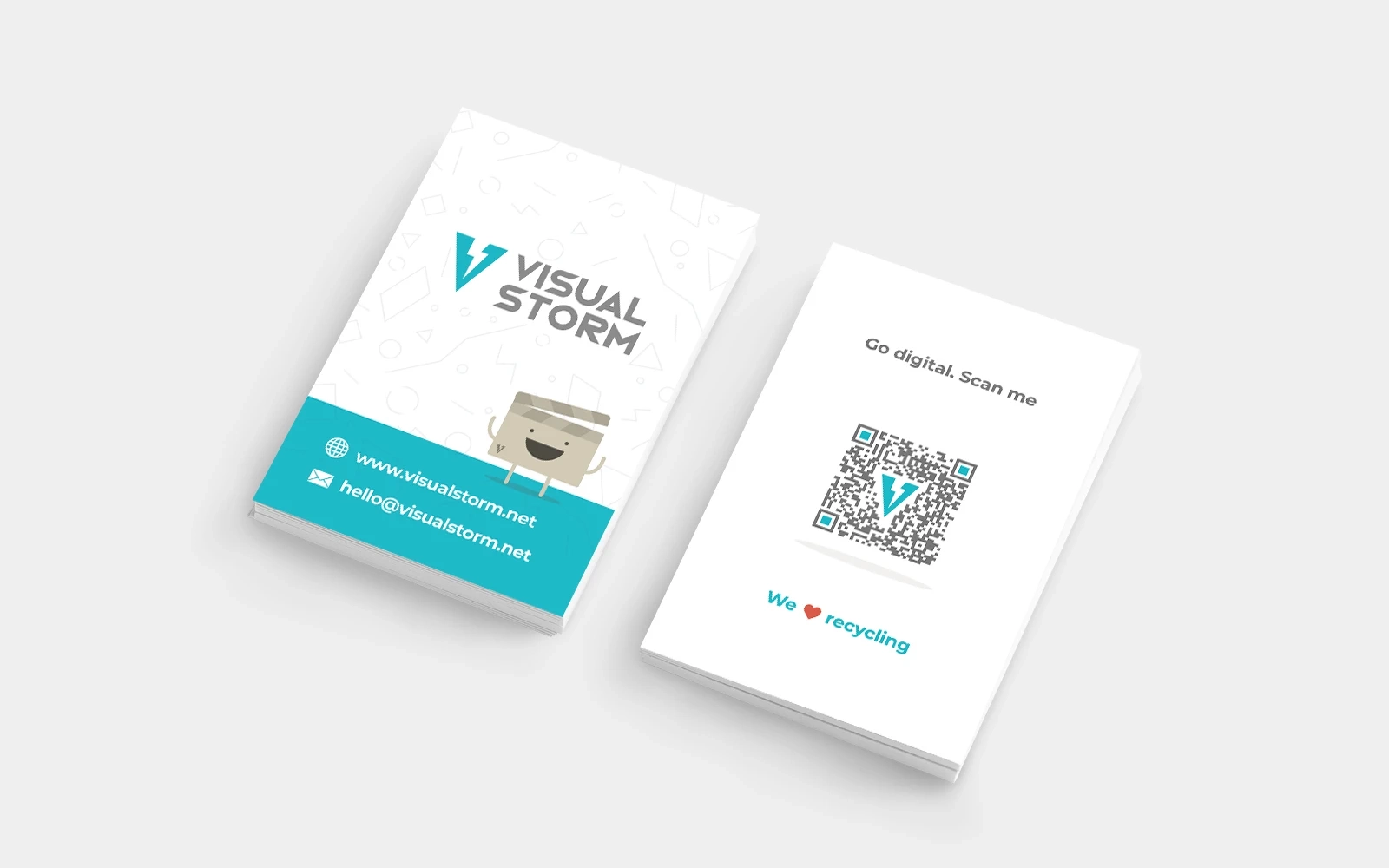 Both the back and the front of the portrait Visual Storm business cards are displayed at a slight angle and show the brand’s logo, mascot and contact information in a clean, fun and modern way
