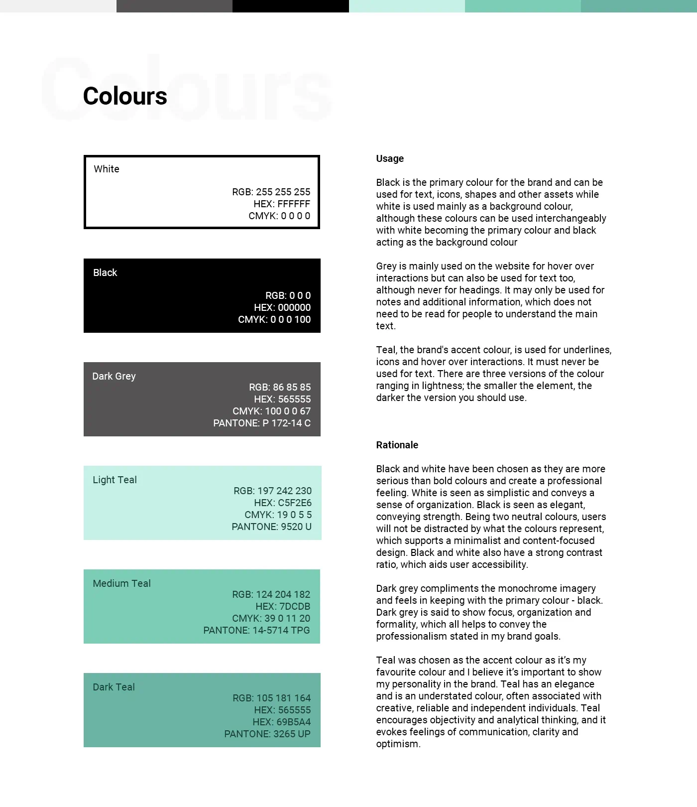 The colours page details the various colours to be used by the brand