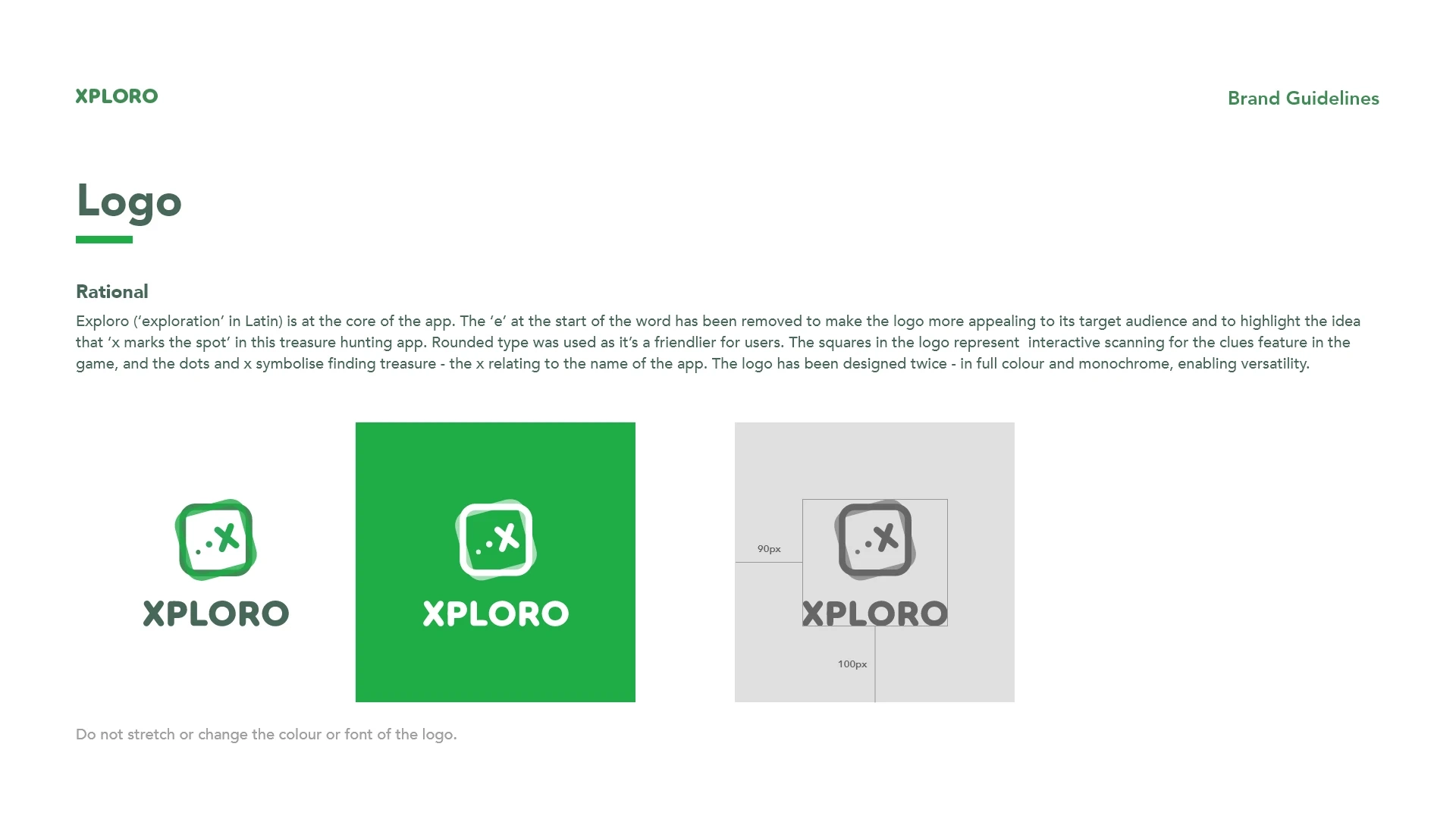 The third page of the Xploro brand guidelines outlines the various versions of the logo available