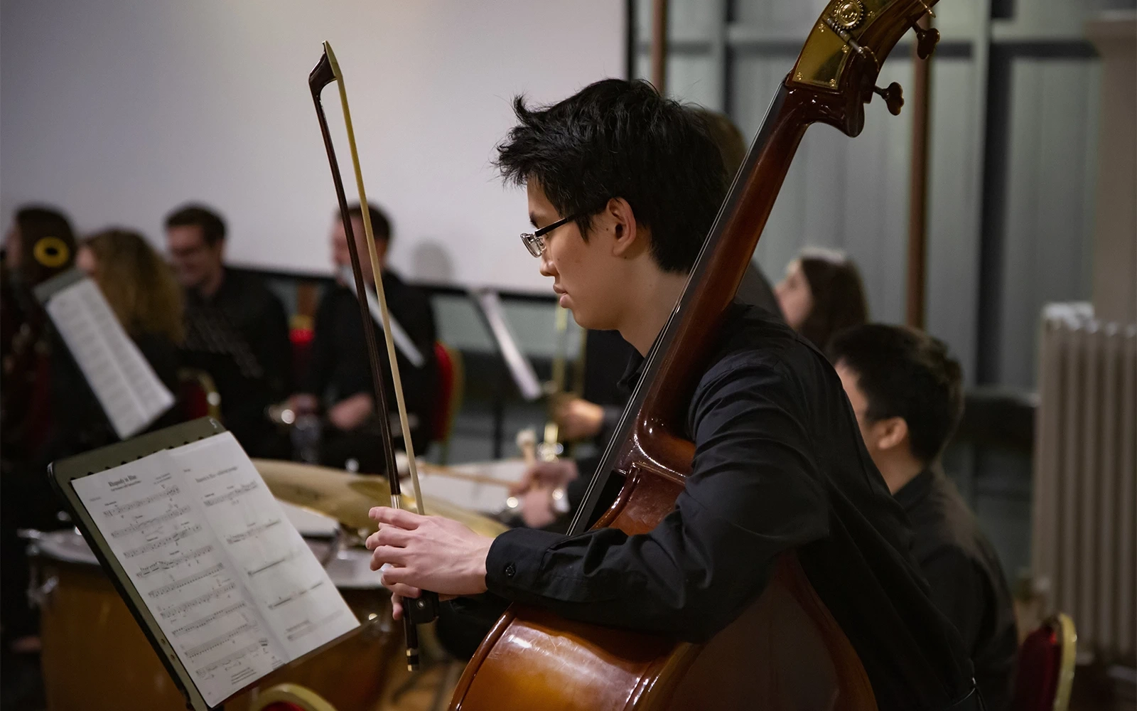 A young man about to play the double bass during an orchestral concert