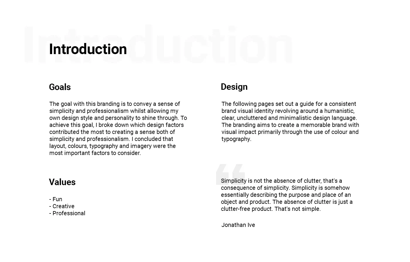 The introduction page sets out the goals, values and design style of the brand